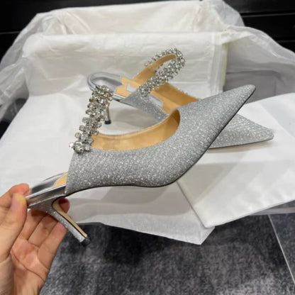 European and American Women Slippers 2025 Summer New Rhinestone High Heels Pointed Temperament Muller Shoes