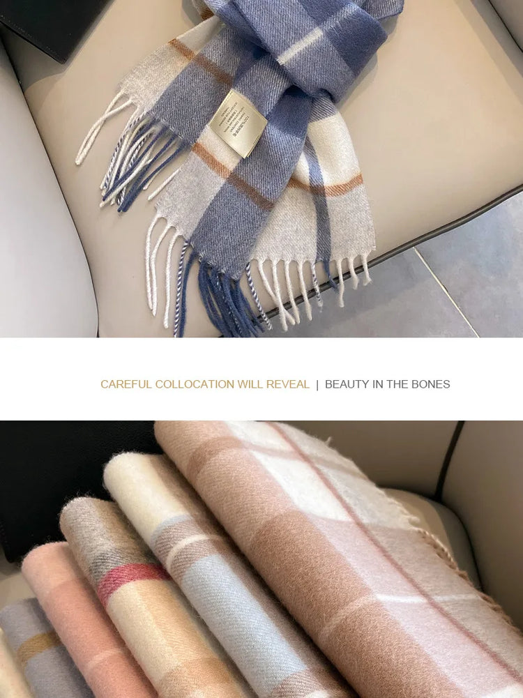 High Quality 100% Pure Wool Scarf Women Classic Chic  Autumn Winter Colorful Plaid Tassel Warm Muffler Female Thermal Shawl Lady