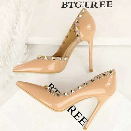 BIGTREE Scarpe Rivetto Design Donna Décolleté in pelle verniciata Tacchi alti 10.5 CM Stiletto Scarpe da festa sexy Tacchi da donna Taglia grande 43