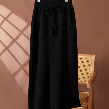 Women's 100% Cashmere Elastic Waist Mid-Length Midi Skirt Autumn Winter Casual Versatile Knitwear Bottoms Casual Fashion Skirt PlatiNum