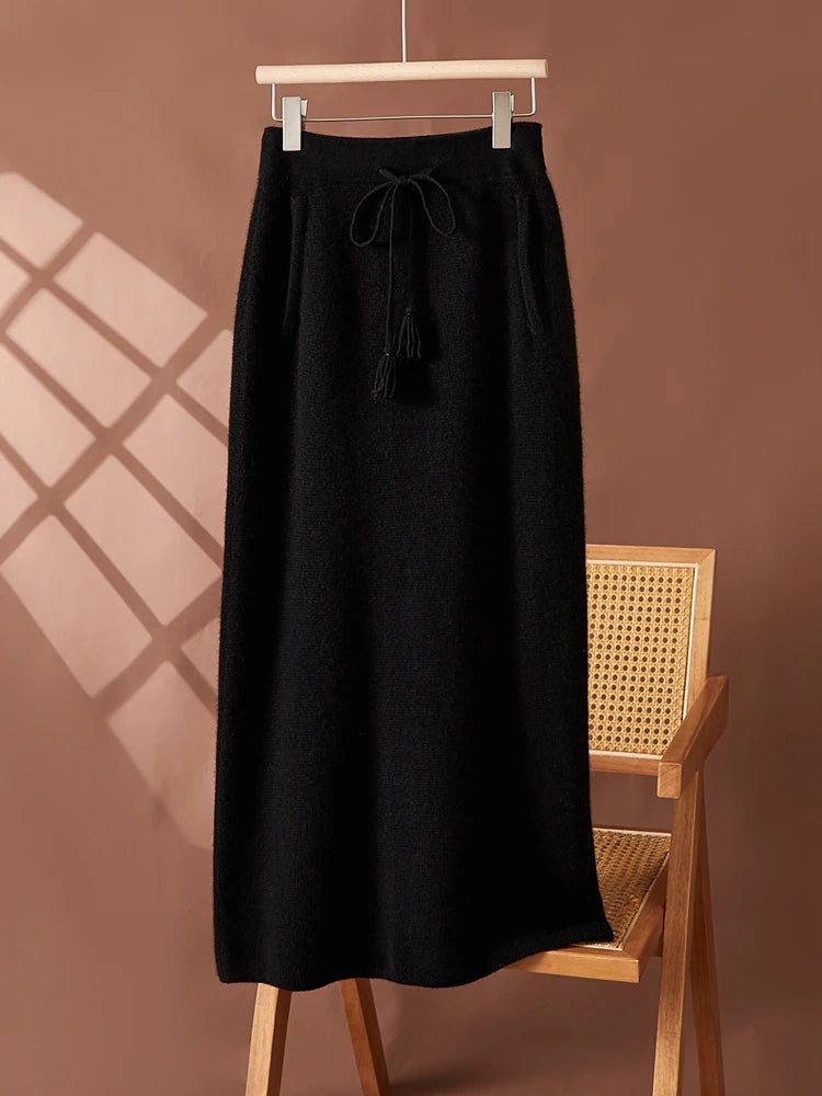 Women's 100% Cashmere Elastic Waist Mid-Length Midi Skirt Autumn Winter Casual Versatile Knitwear Bottoms Casual Fashion Skirt PlatiNum