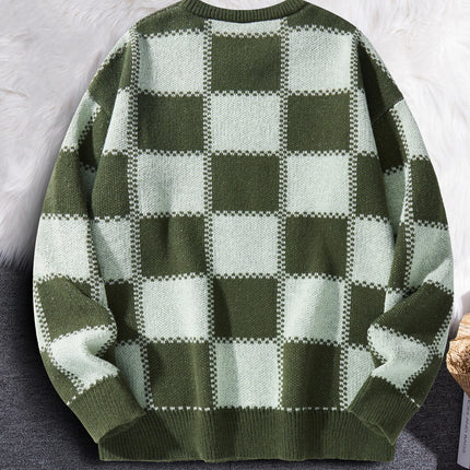 Retro Trendy Plaid Jacquard Pattern Pullover Sweater Casual Round Neck Color-Block Knit Men's Pullover
