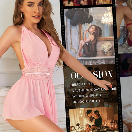 Babydoll da donna con scollo all'americana, scollo a V profondo, vita in pizzo e rete, chemise trasparente svasata, camicia da notte con bretelline