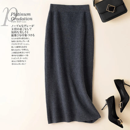 100% pure wool skirt new women's autumn and winter mid-length high-waisted thin cashmere skirt knitted all-match hip skirt PlatiNum
