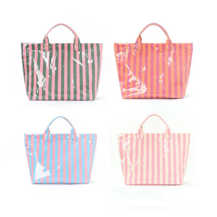 Striped PVC Tote Bag, Large Capacity Travel and Commuter Shoulder Bag | Lightweight Magnetic Bag with Inner Zip Pocket