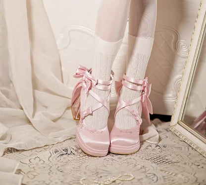 Silk Belt Buckle Round Toe Butterfly-Knot Women Pumps Shoes Chunky Rose Flower High Heels Buckle Strap Design Merry Jane Shoes