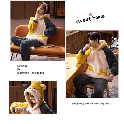 Couples Pajamas Women Men Winter Thicken Pyjamas Sleepwear Cartoon Dinosaur Korean Lovers Homewear Soft Warm Hoodies Pijama