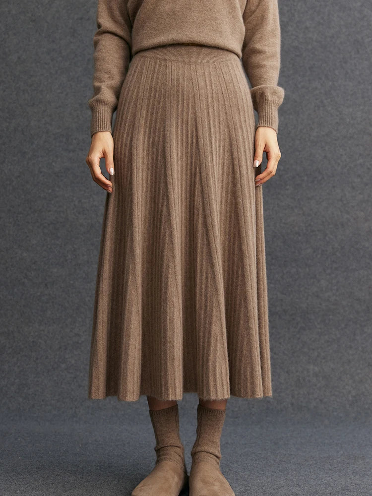 TLOML Luxury Women's 100% Cashmere Skirt Pleated Mid-Calf Skirt Autumn Winter Office Lady Grace Style Skirt Cashmere Knitwear PlatiNum