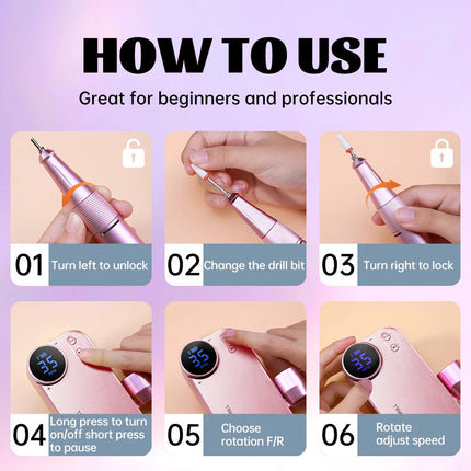 Professional Wireless Charging Electric Nail Drill Machine, 4500mAh Battery, Long Lasting Runtime, Remove Gel Nails, Nail Shaping & Polishing, Manicure Pedicure Kit for Home & Salon Use