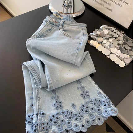 Jeans eleganti di lusso con strass ricamati vuoti allentati Jeans estivi da donna a vita alta pantaloni in denim dritti Y2K Casual Streetwear