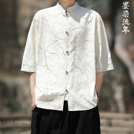 Camicia stile cinese da uomo lamina d'oro elegante vestibilità ampia camicie a maniche lunghe ispirate all'annata camicette sottili estive casual abbigliamento da uomo