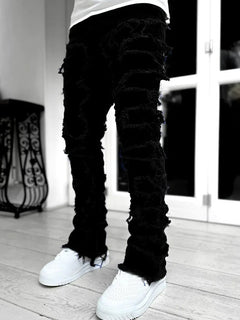 Men's Regular Fit Stacked Jeans Ripped Slim Fit Patch Distressed Destroyed Straight Denim Pants Hip Hop Streetwear Trouser Cloth