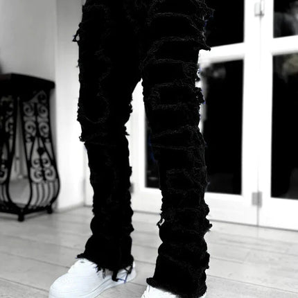 Men's Regular Fit Stacked Jeans Ripped Slim Fit Patch Distressed Destroyed Straight Denim Pants Hip Hop Streetwear Trouser Cloth PlatiNum