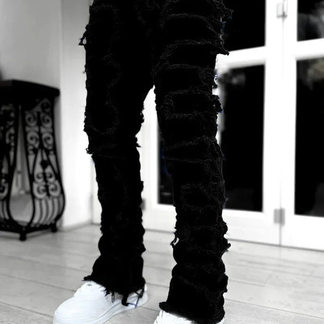 Men's Regular Fit Stacked Jeans Ripped Slim Fit Patch Distressed Destroyed Straight Denim Pants Hip Hop Streetwear Trouser Cloth PlatiNum