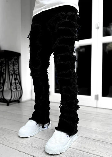 Men's Regular Fit Stacked Jeans Ripped Slim Fit Patch Distressed Destroyed Straight Denim Pants Hip Hop Streetwear Trouser Cloth PlatiNum