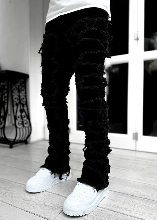 Men's Regular Fit Stacked Jeans Ripped Slim Fit Patch Distressed Destroyed Straight Denim Pants Hip Hop Streetwear Trouser Cloth PlatiNum