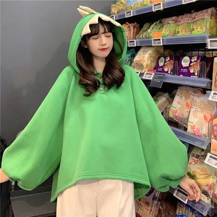 Autumn Women Cartoon Dinosaur Horn Cap Hoodies Harajuku Sweatshirts Cute Front Short Back Long Halloween Dragon Shape Pullovers