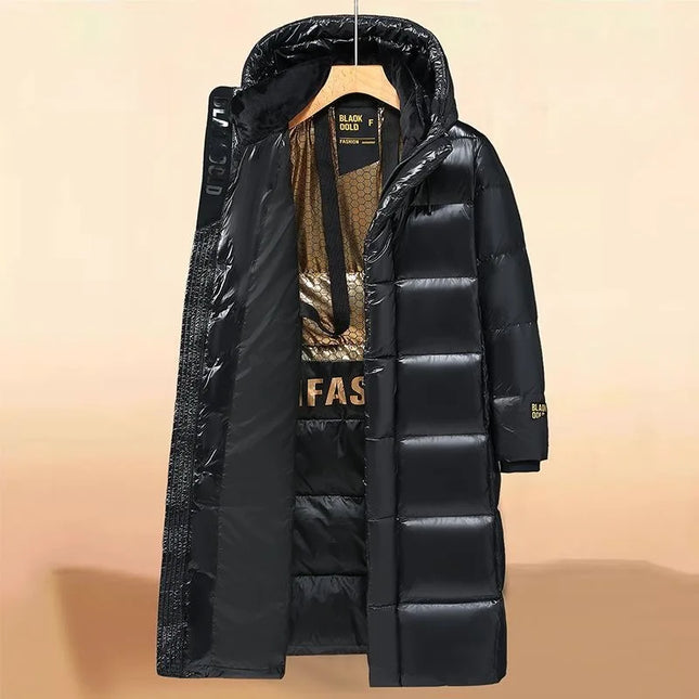 New Winter Men Hooded Black Shiny Long Puffer Jackets Couple Goose Down Coats Quality Male Over The Knee Thicker Warm Coats 3XL