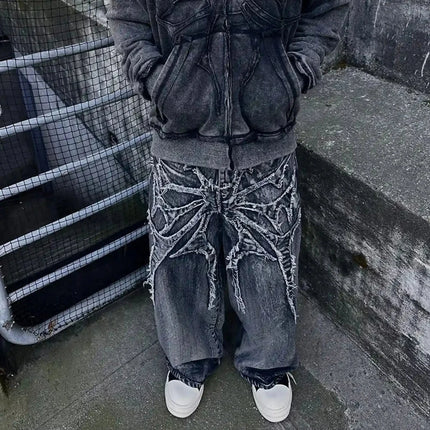 Y2K Retro Oversize Baggy Pantaloni lavabili unisex Phantom Jeans Uomo High Street Spider Toppa ricamata Hip Hop Streetwear Gotico