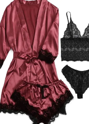 Pigiama da donna lussuoso con scollo a V in 4 pezzi camicia da notte sexy pizzo in raso halter accappatoio in raso di seta camicia da notte per la casa pigiama sexy per la casa platinumshop