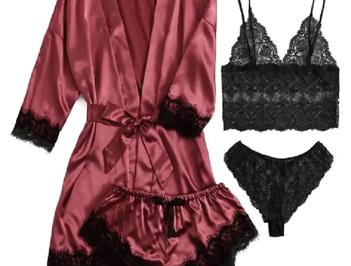 Pigiama da donna lussuoso con scollo a V in 4 pezzi camicia da notte sexy pizzo in raso halter accappatoio in raso di seta camicia da notte per la casa pigiama sexy per la casa platinumshop