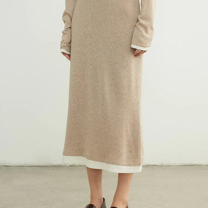 SuyaDream, Women Long Skirt, 32.4%Sheep Wool, Solid Woolen Knitted Skirts, 2024 Autumn Winter Warm Under Dress, Grey, Khaki PlatiNum