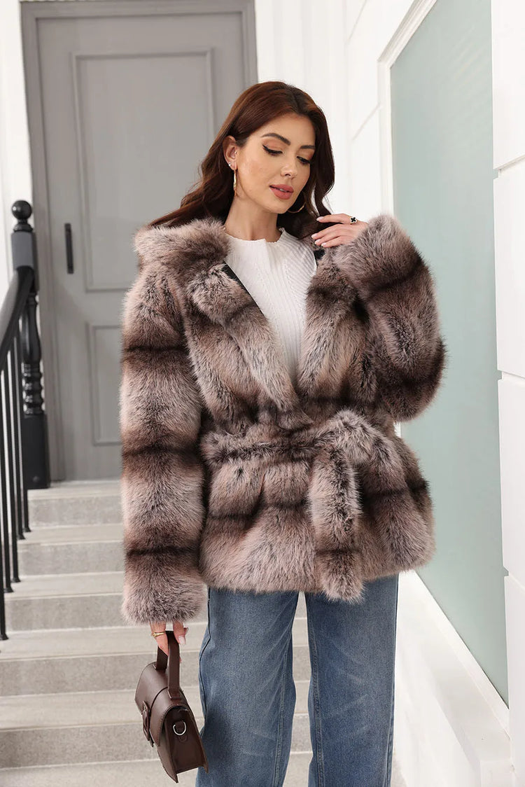 ZADORIN New Stripes Winter Fur Coats Woman Mid Long Hooded Warm Loose Faux Fur Coat For Woman Elegant Belted Fluffy Fur Jacket