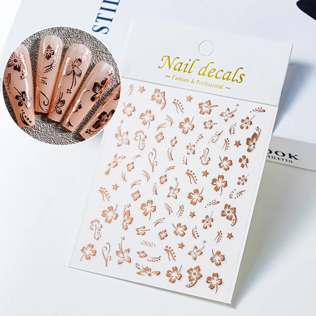 1Pcs Bronzing Hibiscus Nail Art Stickers Gold/Silver Pink/Purple Flowers Self-Adhesive Sliders Luxury Floral Manicure DIY Decals