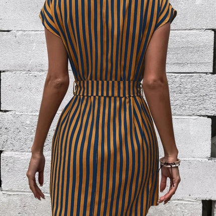 Summer New Striped Print Dress for Women 2024 Fashion V-Neck Sleeveless Lace-Up Short Skirt Elegant Office Lady Slim Dresses
