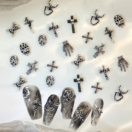 50pcs Mix Design Skull Cross Spider Nail Charms 3D Silver Bone Cross Halloween DIY Nail Art Decoration