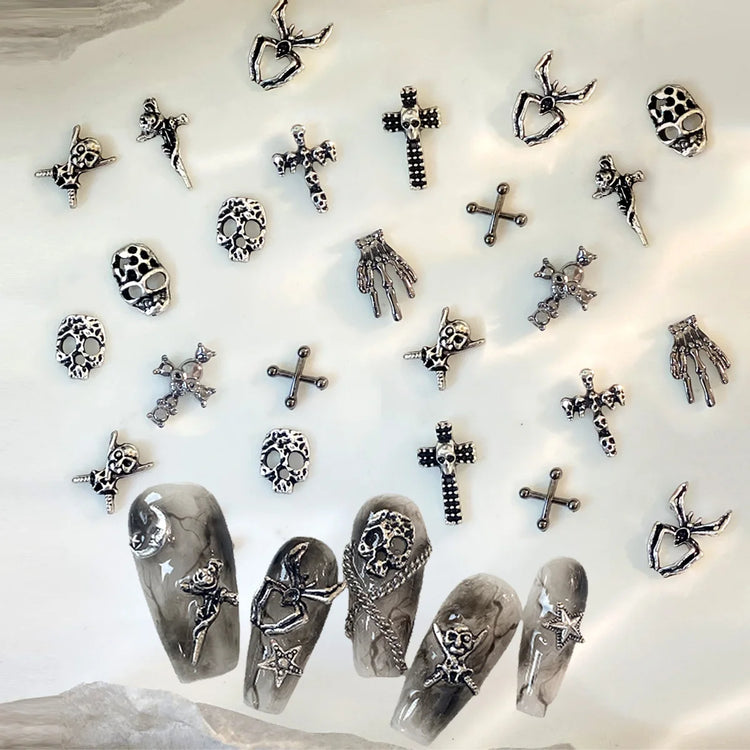 50pcs Mix Design Skull Cross Spider Nail Charms 3D Silver Bone Cross Halloween DIY Nail Art Decoration