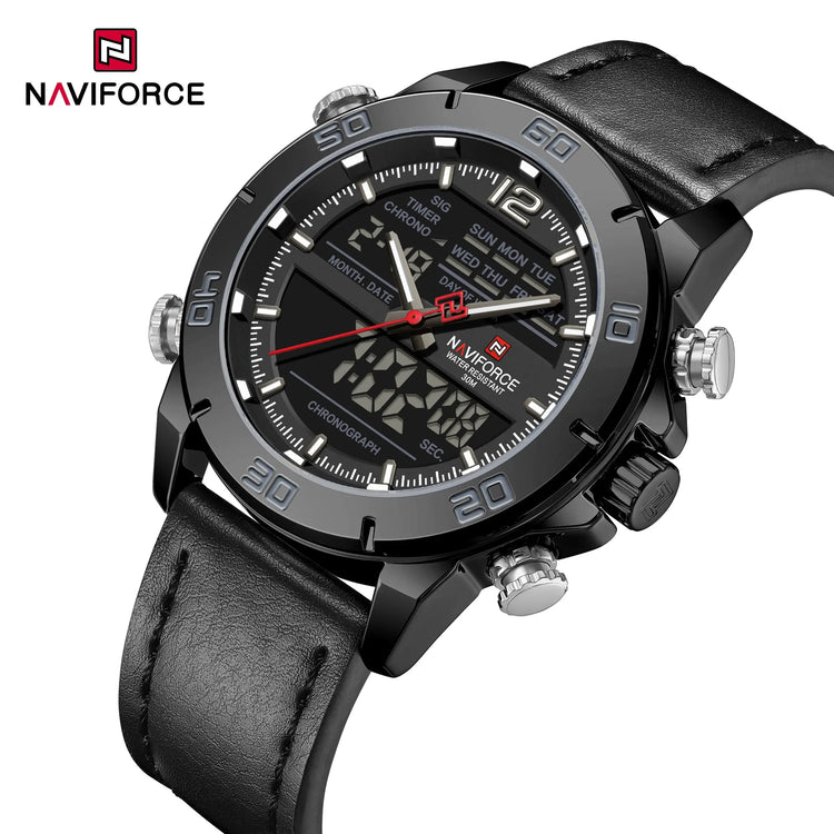 NAVIFORCE Orologio alla moda da uomo con cinturino in vera pelle Movimento al quarzo resistente all'acqua 30M Display luminoso con giorno e data F platinumshop