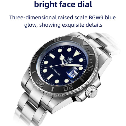 ADDIESDIVE Men's Quartz Watch 200m Waterproof Ceramic Bezel Steel Watch Magnifying Mirror Glass BGW9 Blue Luminous Diving Watch