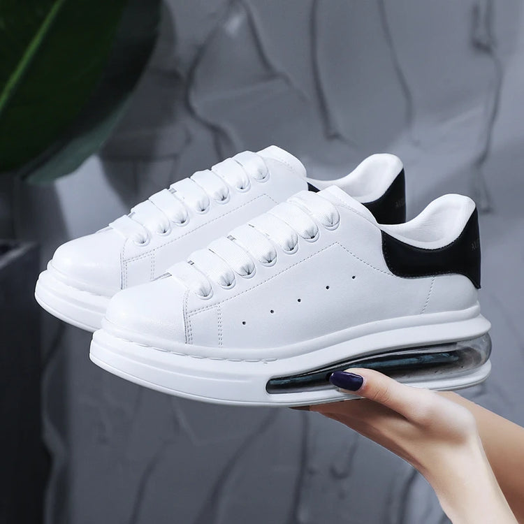 Korean street style men casual original leather shoes black white flats platform shoe comfort air cushion sneakers mans footwear