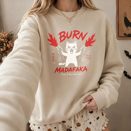 Angry White Cat Fire Gun Graffiti Style Cartoon Print Pullover Long Sleeve Casual Loose Streetwear Fashion Sweatshirts for Women
