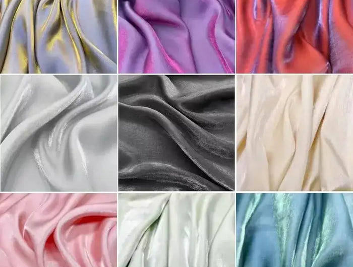 Tessuto di raso setoso in cristallo di vetro, tessuto iridescente glitterato, materiale per abiti lucidi, tessuto per indumenti lucido