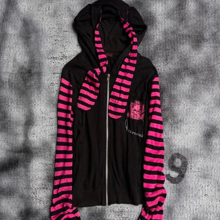 2026 Dark Pink Black Punk Skeleton Printed Striped Sleeve Hoodie Street Style Women's Zipper Cardigan Wholesale