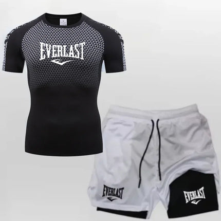 EVERLAST Men's Compress Shirt + 2-in-1 sports shorts 2pcs Set Leisure Breath Short Sleeve Sport Jogging Gym Brand Print Clothing platinumshop