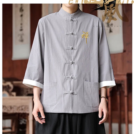 Camicie in cotone e lino Stile cinese retrò Tai Chi Kung Fu Camicie tradizionali Ricamo Camicia da uomo comoda e traspirante vestibilità ampia