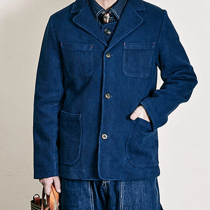 Men's Indigo Cargo Jacket Height Weight Cotton Lapel Multi-pocket Jacket Male French Vintage Thick Workwear Tooling Jacket Coat