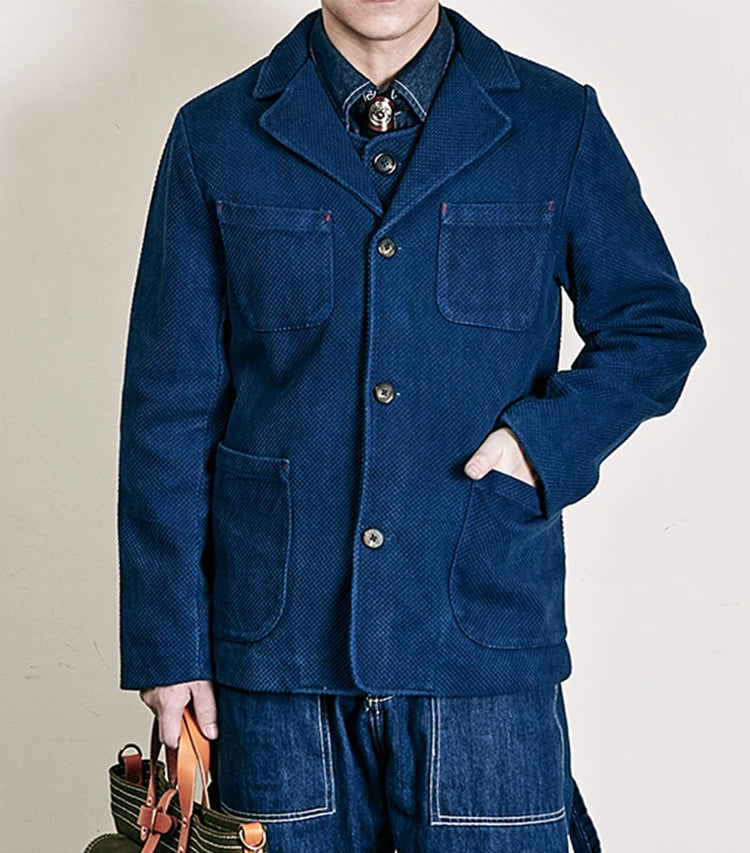 Men's Indigo Cargo Jacket Height Weight Cotton Lapel Multi-pocket Jacket Male French Vintage Thick Workwear Tooling Jacket Coat