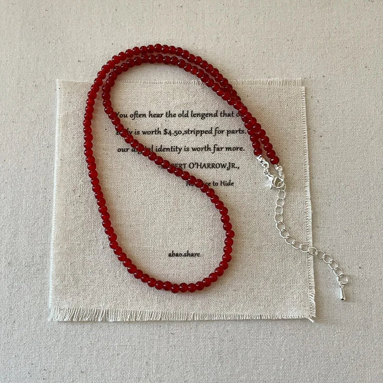 Minar French Silver Water Wave Chain Red Agate Beads Heart Beaded Pendant Necklaces for Women Gold Silver Plated Sweater Chain PlatiNum
