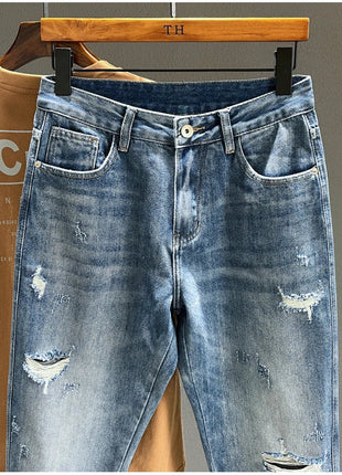 Ripped Jeans Men New Personality Fashion Vintage Blue Streetwear Baggy Denim Pants Casual Tapered Hole Frayed Trousers Male PlatiNum