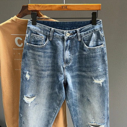 Ripped Jeans Men New Personality Fashion Vintage Blue Streetwear Baggy Denim Pants Casual Tapered Hole Frayed Trousers Male PlatiNum