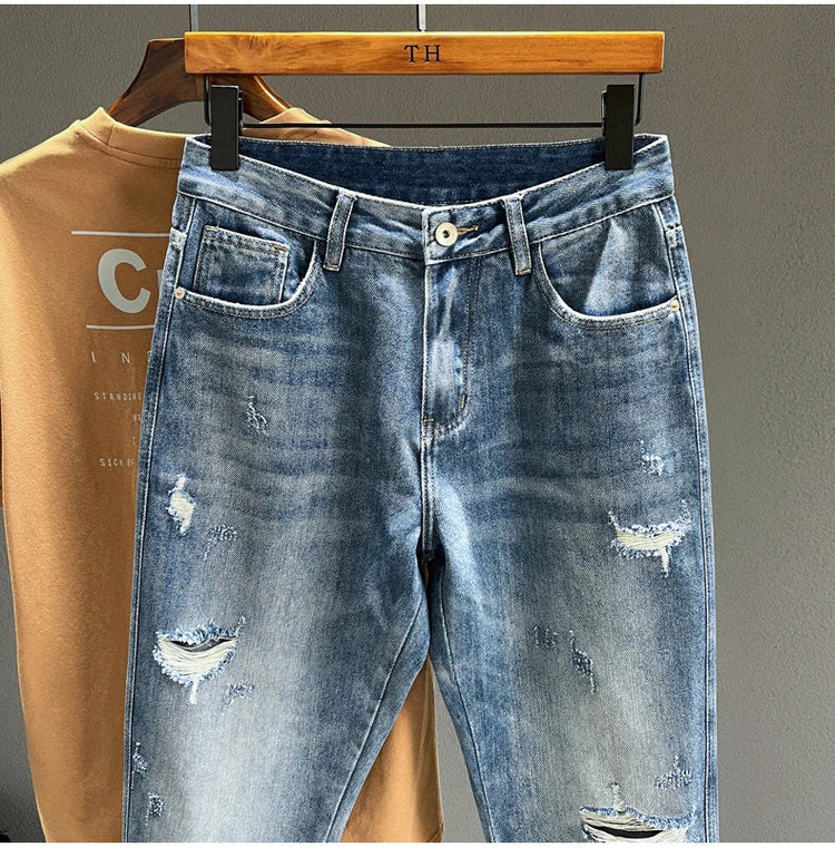 Ripped Jeans Men New Personality Fashion Vintage Blue Streetwear Baggy Denim Pants Casual Tapered Hole Frayed Trousers Male PlatiNum