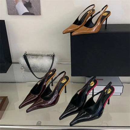 Eilyken Spring Fashion Sexy Thin Heels Pointed Toe Pumps Women Mule Shoes Elegant Patent Leather Banquet Striptease Sandals PlatiNum