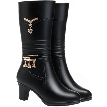 Women Comfortable Fleece Medium Boots Autumn Winter New Style Thick Heel Side Zipper Pointed Fashion High Heels Boots Elegant