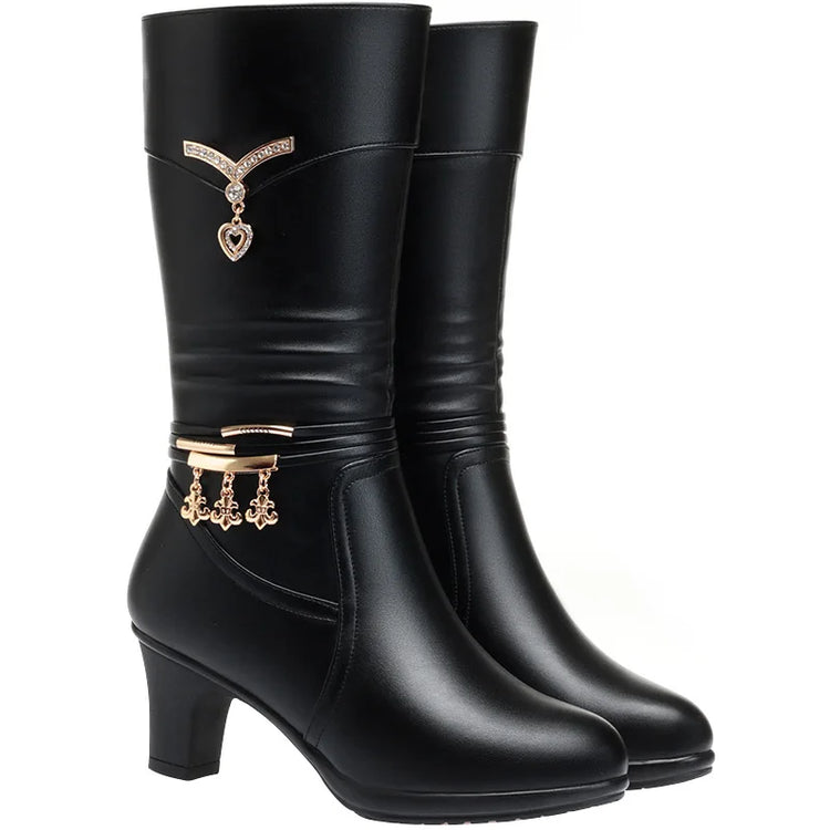 Women Comfortable Fleece Medium Boots Autumn Winter New Style Thick Heel Side Zipper Pointed Fashion High Heels Boots Elegant