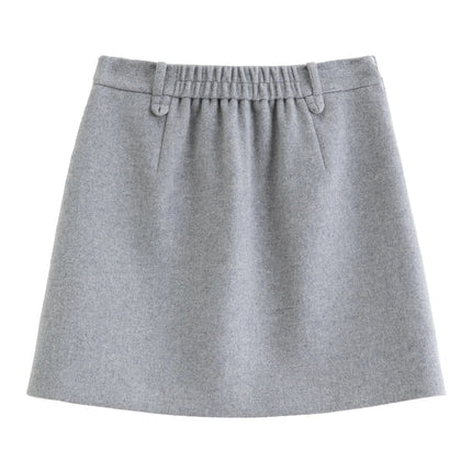 DUSHU Classic Long and Short Elastic Waist A-line Skirt 2025 Winter Skirt for Women Solid Simple Commuting Office Ladies College PlatiNum