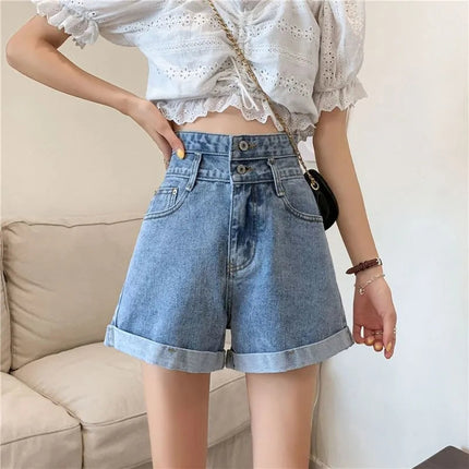 Women's summer thin denim shorts with loose fit high waist slimming effect wide legs and rolled edge hot pants for outerwear PlatiNum